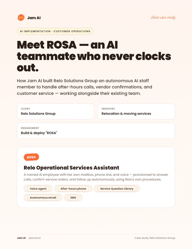 Jam AI case study cover: Relo Solutions Group, meet ROSA
