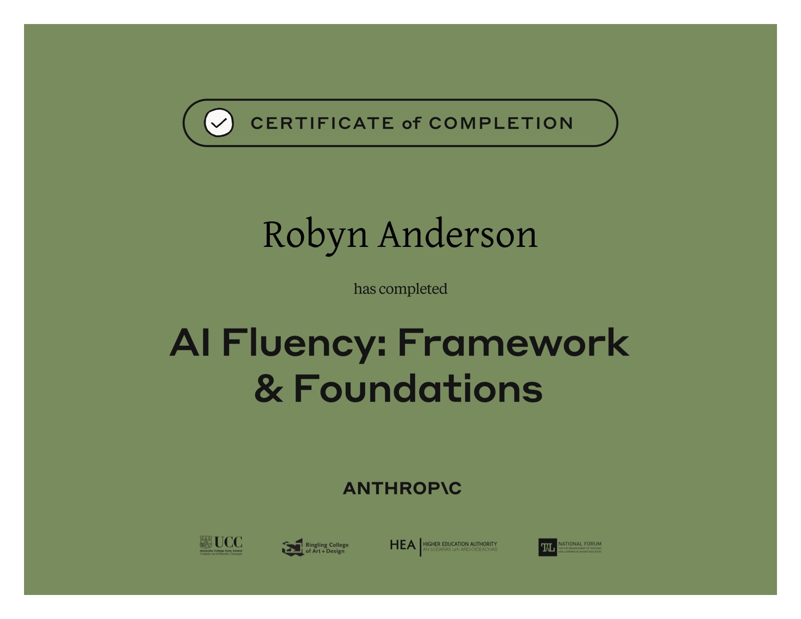 AI Fluency: Framework & Foundations — Anthropic Certificate of Completion