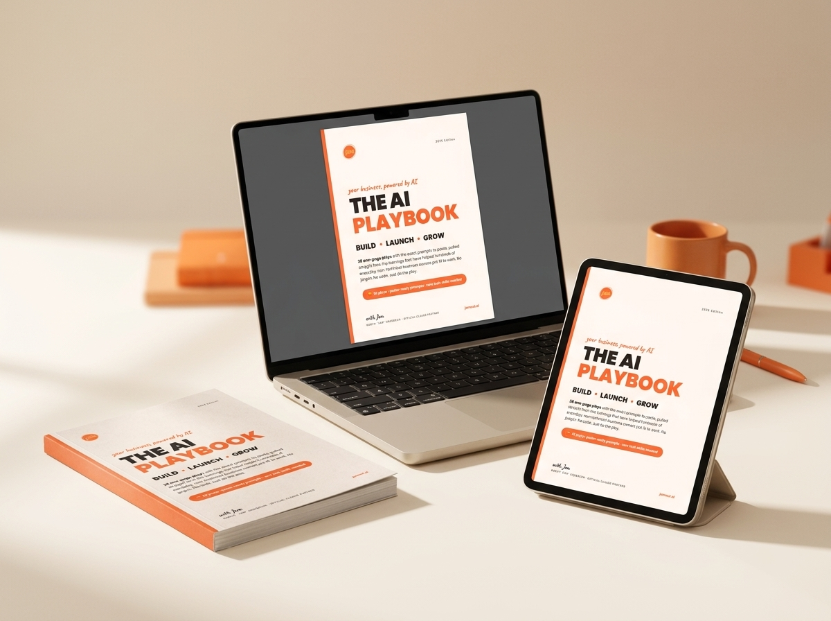 The AI Playbook shown on a laptop, a tablet, and as a printed book