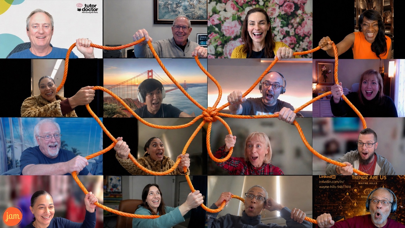 Club Jam members on a live Zoom call holding one orange rope across every screen