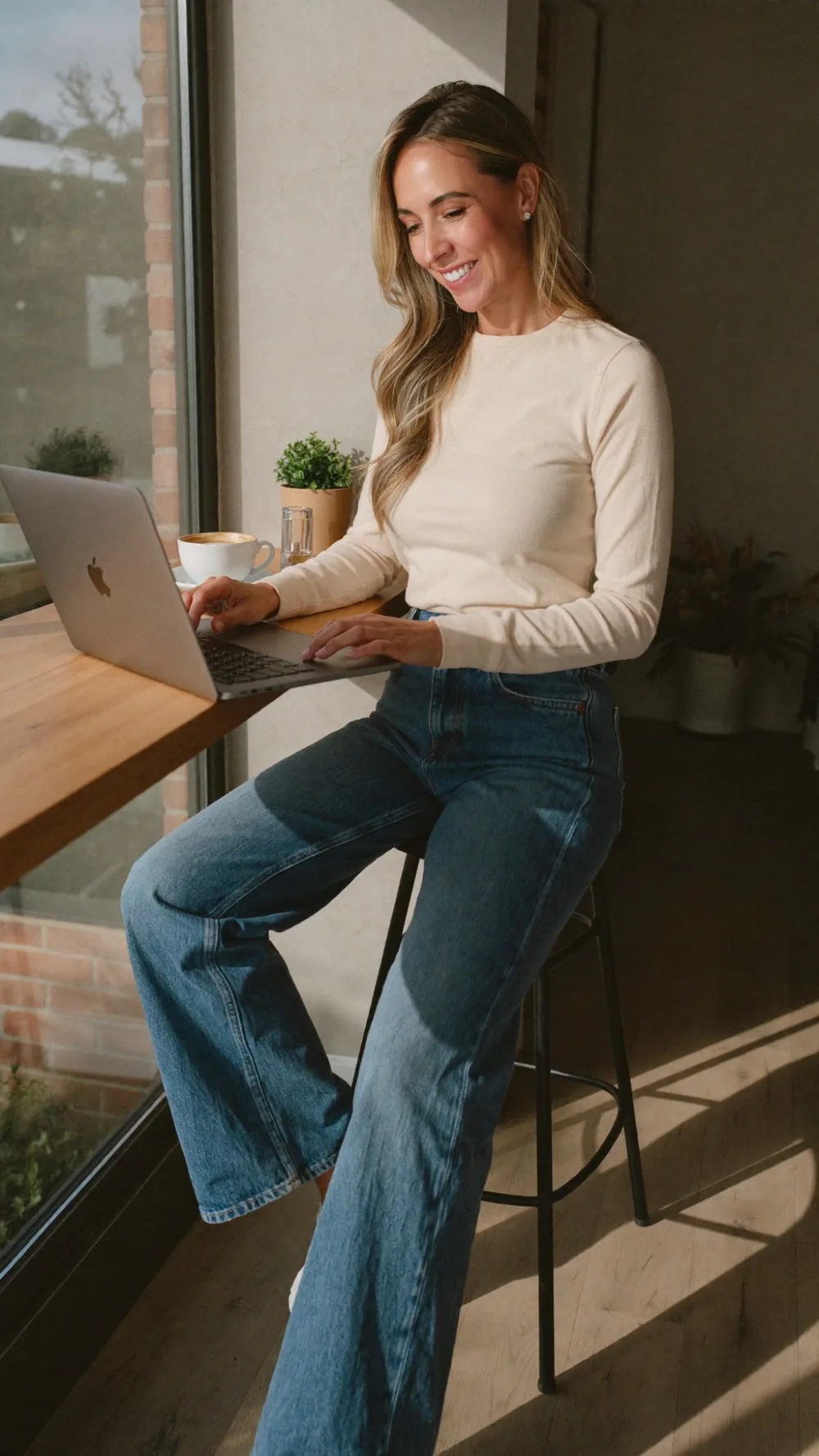 Jam working on her laptop by a sunny window with a coffee